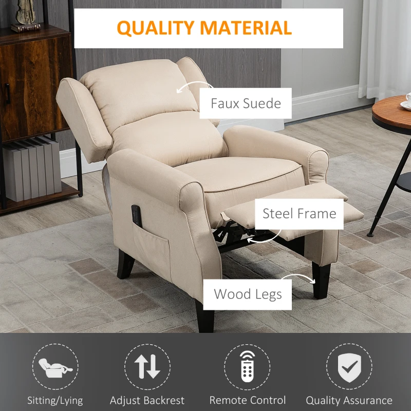 HOMCOM Massage Recliner Chair for Living Room, Push Back Recliner Sofa, Wingback Reclining Chair with Extendable Footrest, Remote Control, Side Pockets, Beige
