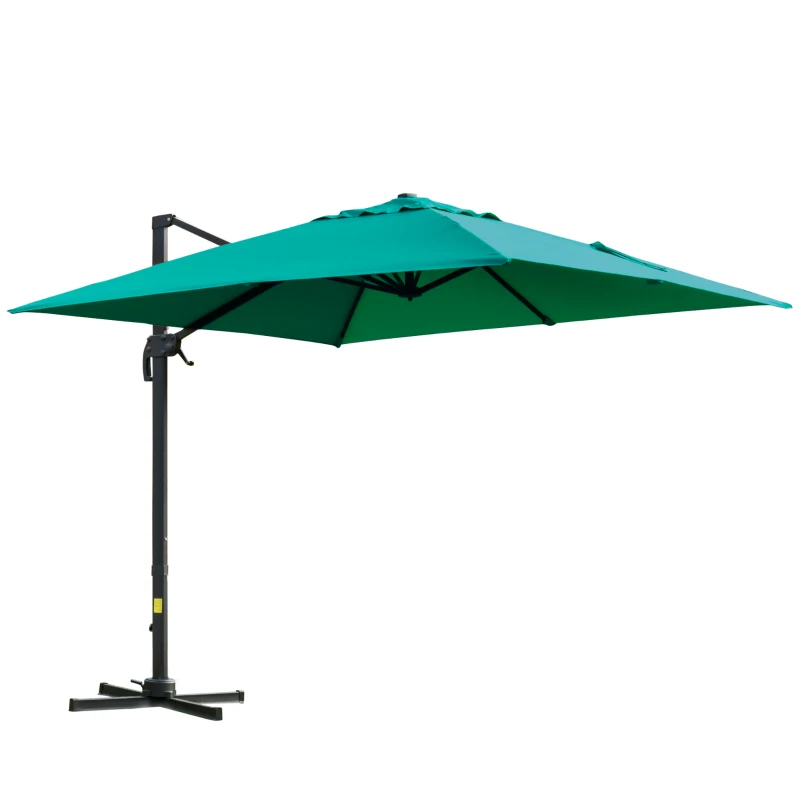 Outsunny 10x10ft Cantilever Umbrella with 4 Adjustable Angle and Rotation, Square Top Market Parasol with Aluminum Pole and Ribs for Backyard Patio Outdoor Area, Green
