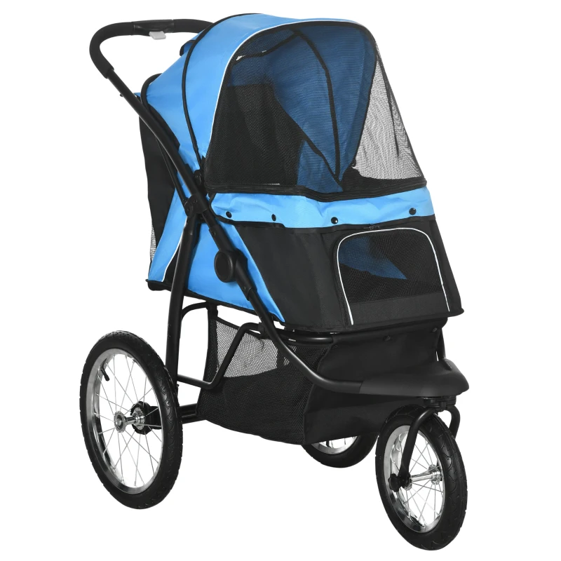 PawHut 3 Big Wheels Pet Stroller for Small, Medium Dogs, Cat Stroller Travel Folding Carrier with Adjustable Canopy, Blue