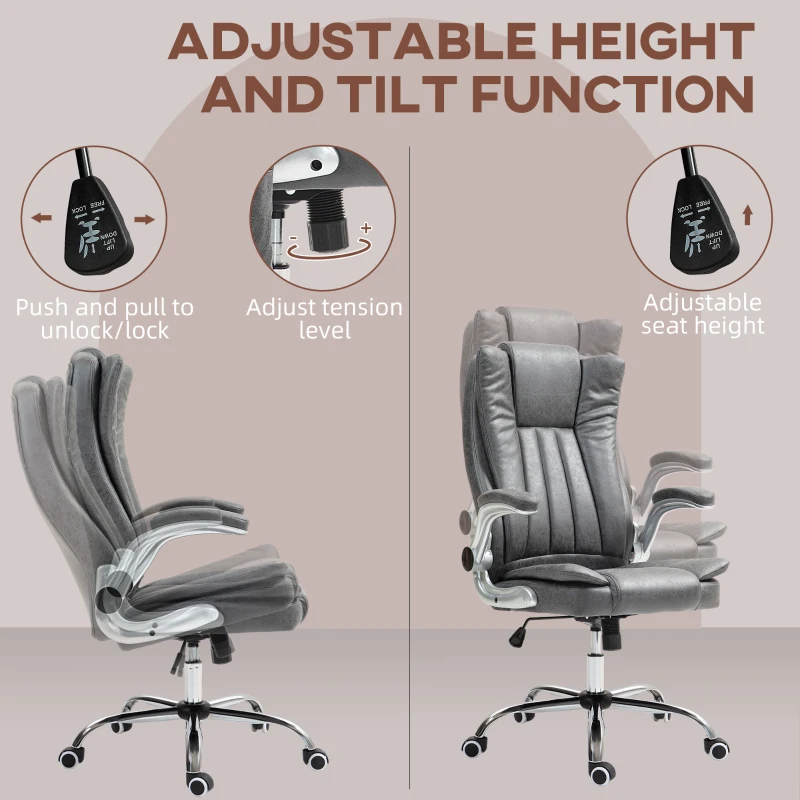 HOMCOM Microfiber Executive Office Chair, Desk Chair with Padded Flip-up Arms, Adjustable Height and Tilt Function, Gray