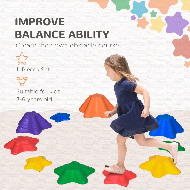 Outsunny Balance Stepping Stones for Kids, 11 PCS Starfish Style Non-Slip Obstacle Course, Stackable Balance Blocks for Coordination and Balance Development, Indoor/Outdoor