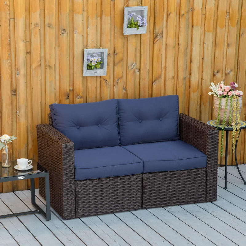 Outsunny 2 Piece Patio Wicker Corner Sofa Set, Outdoor PE Rattan Furniture, with Curved Armrests and Padded Cushions for Balcony, Garden, or Lawn, Dark Blue