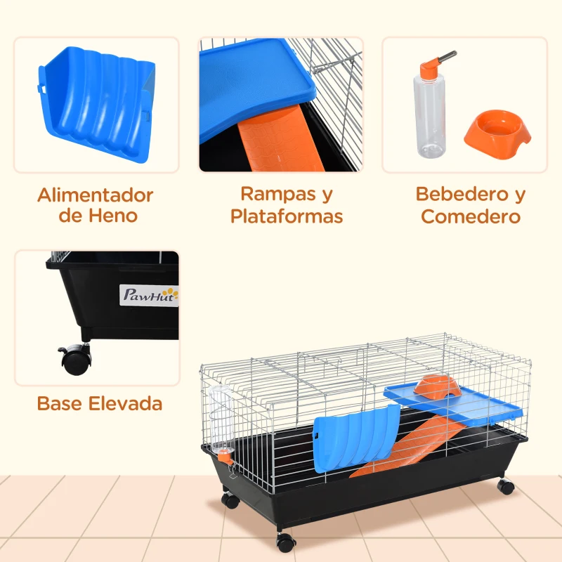 PawHut Small Animal Cage, Rolling Bunny Cage, Guinea Pig Cage with Food Dish, Water Bottle, Hay Feeder, Platform, Ramp, Black