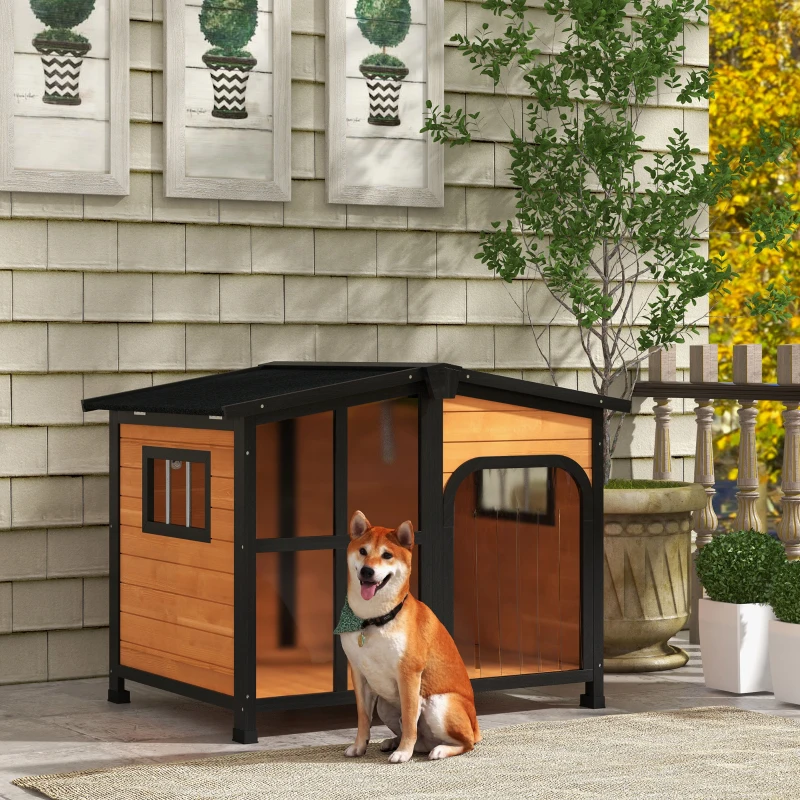 PawHut Cabin-Style Wooden Dog House for Large Dogs with Openable Roof & Giant Window, Yellow