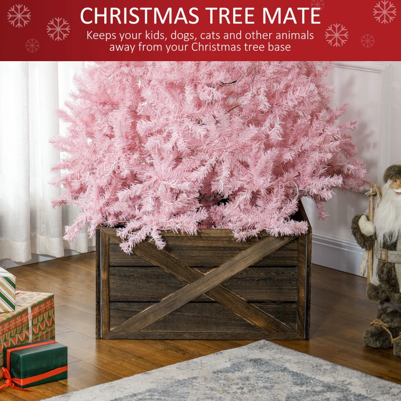 HOMCOM 28" Farmhouse Christmas Tree Base Cover Wooden Christmas Tree Collar Box Home Decoration, Dark Distressed Wood Finish
