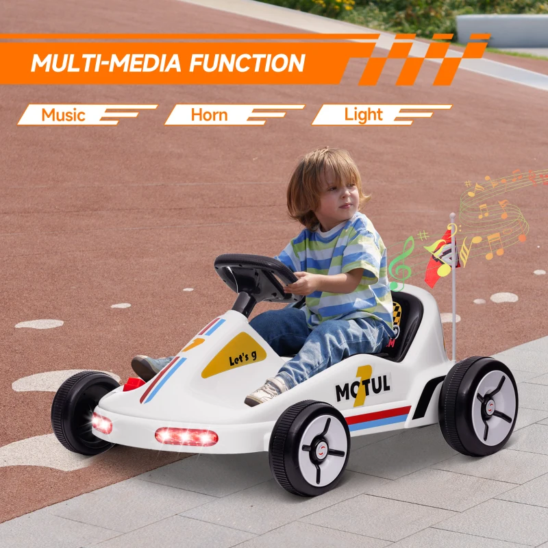 Qaba 6V Electric Go Kart for Aged 3-5 Kids with Music, Light, Horn, White