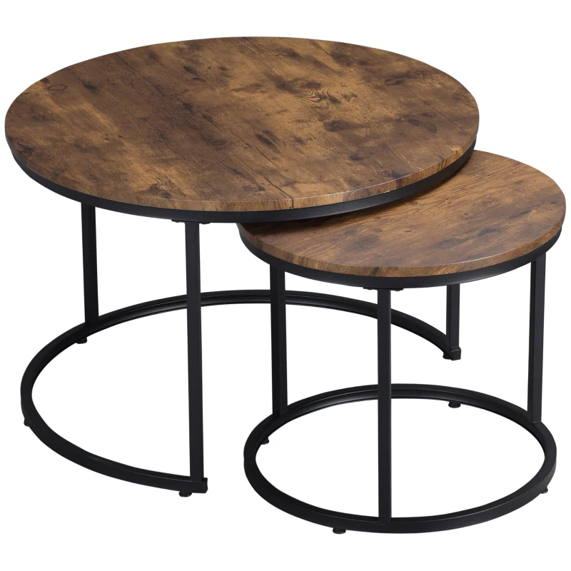 HOMCOM Round Nesting Tables Set of 2, Stacking Coffee Table Set with Metal Frame for Living Room, Rustic Brown