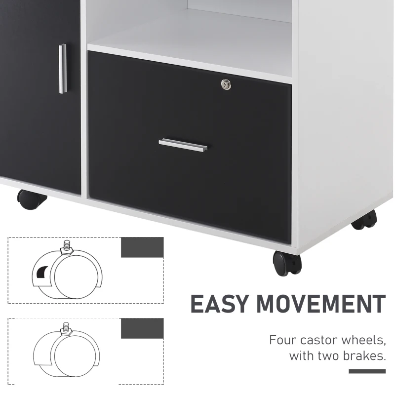 HOMCOM Lateral Filing Cabinet with Lockable Drawer and Open Storage Shelf for Hanging Legal, Letter Sized Files, Mobile Printer Stand for Home Office, Black and White