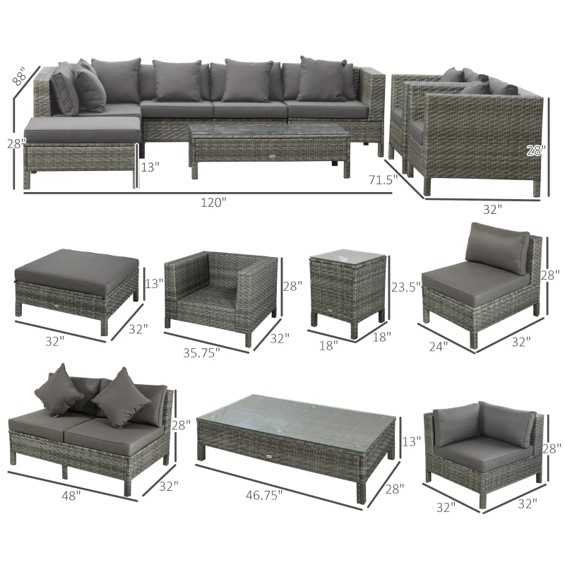 Outsunny Patio Furniture Set, 9 Piece Outdoor Sectional Sofa, All-Weather PE Rattan Wicker Conversation Set with Chairs, Ottoman, Loveseat, Coffee and Side Table, Cushions, Gray