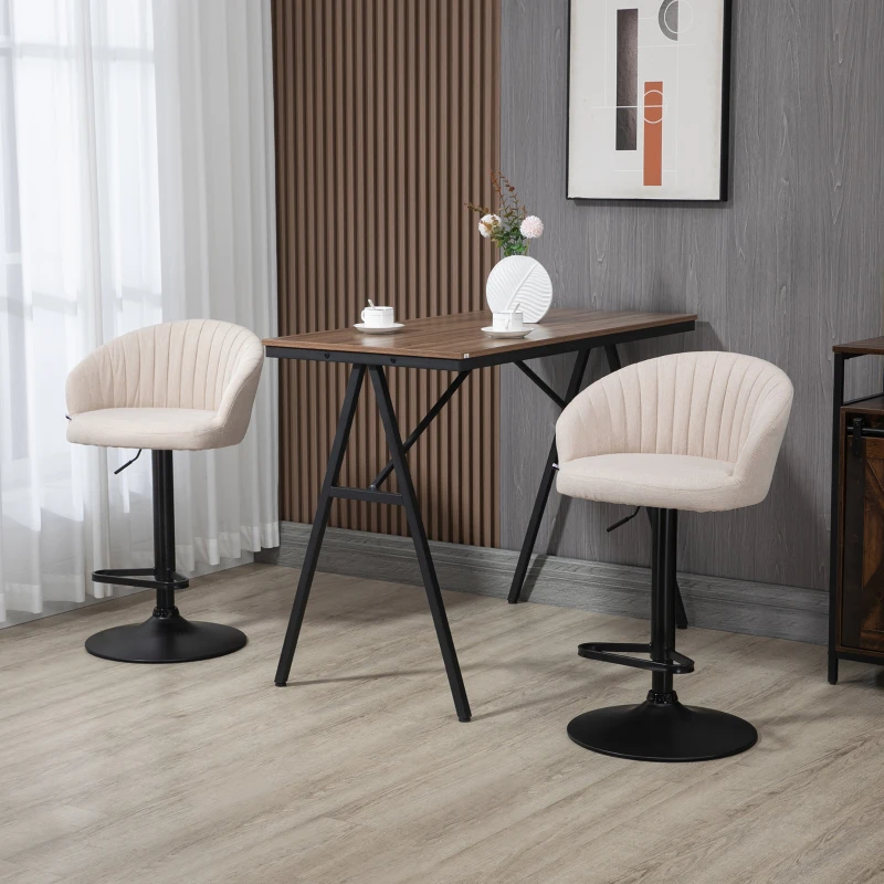 HOMCOM Modern Upholstered Adjustable Barstools with Swivel Seat, Linen Touch Fabric, Steel Frame, Footrest, ‎Beige