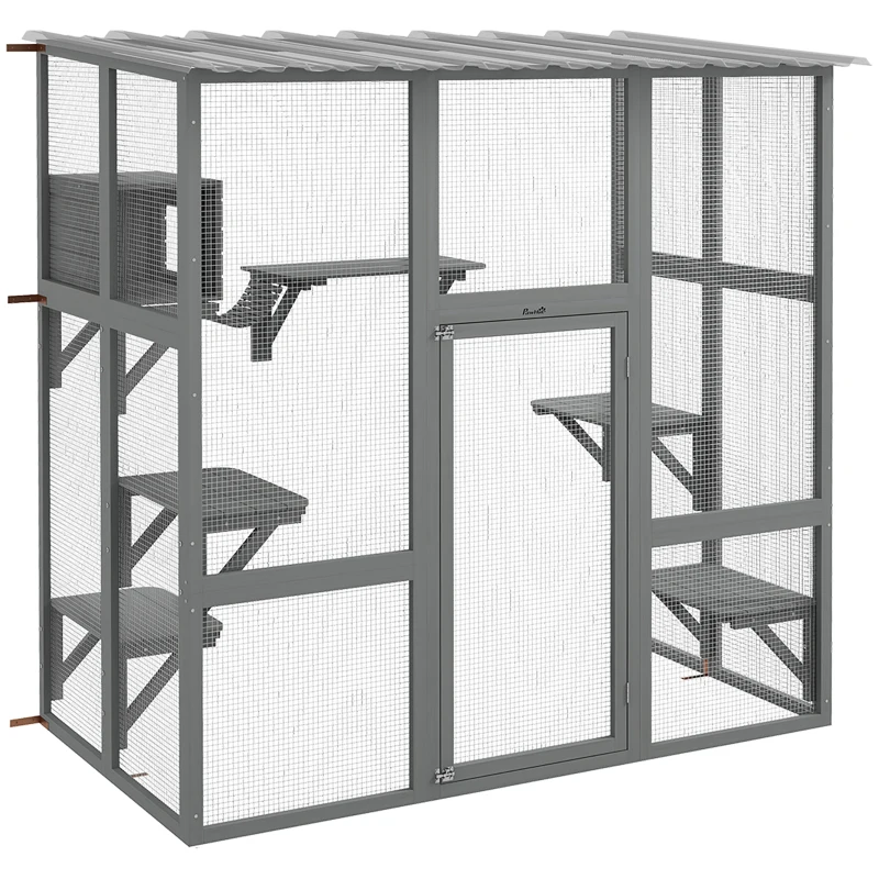 PawHut Catio Outdoor Cat Enclosure, Window Box Wooden Cat House with Bridge Platforms, Gray