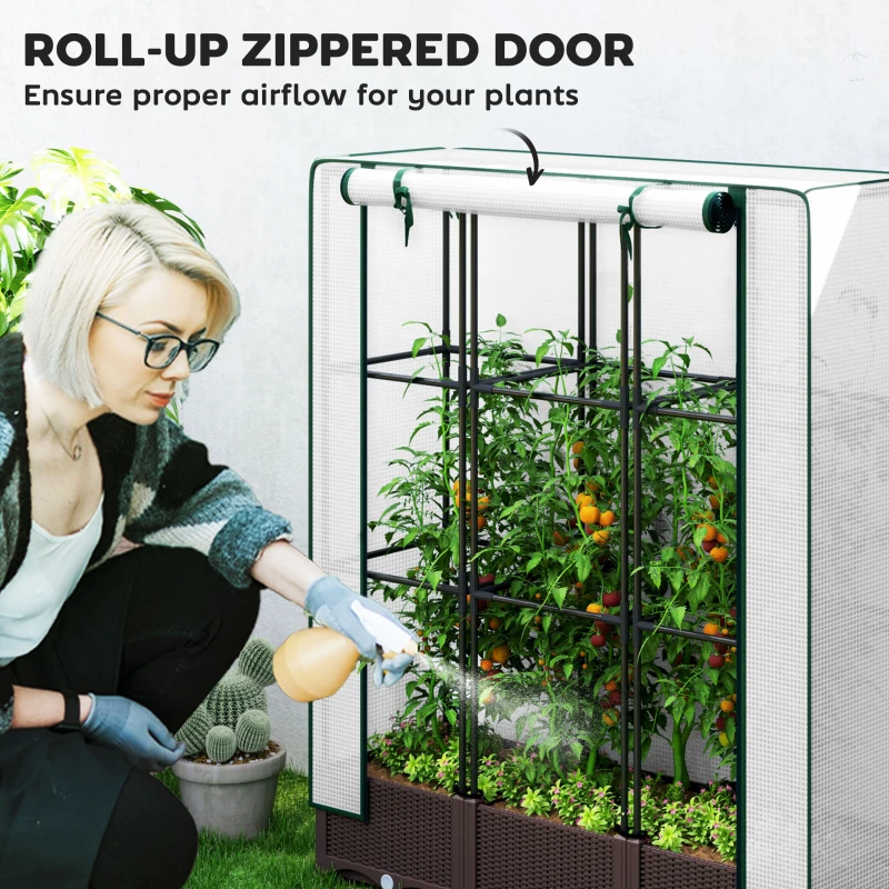 Outsunny Raised Garden Bed Kit with Trellis, Plastic Raised Flower Bed with PE Cover and Zipper Door, 47 x 16 x 50 inch