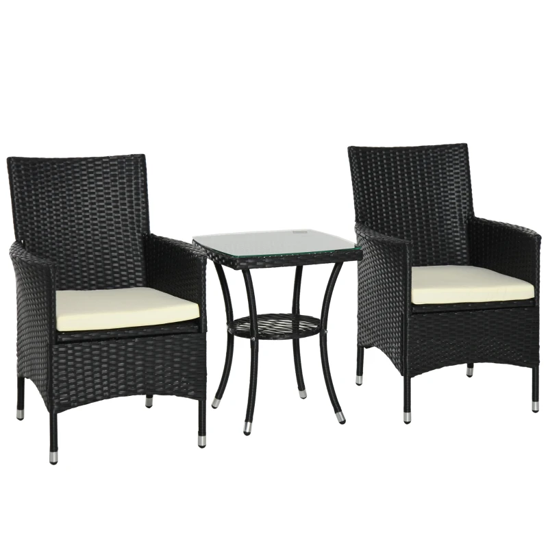 Outsunny 3 Pieces Patio Bistro Set, Outdoor PE Rattan Porch Furniture with Two Armchairs, Glass Top Coffee Table, Black