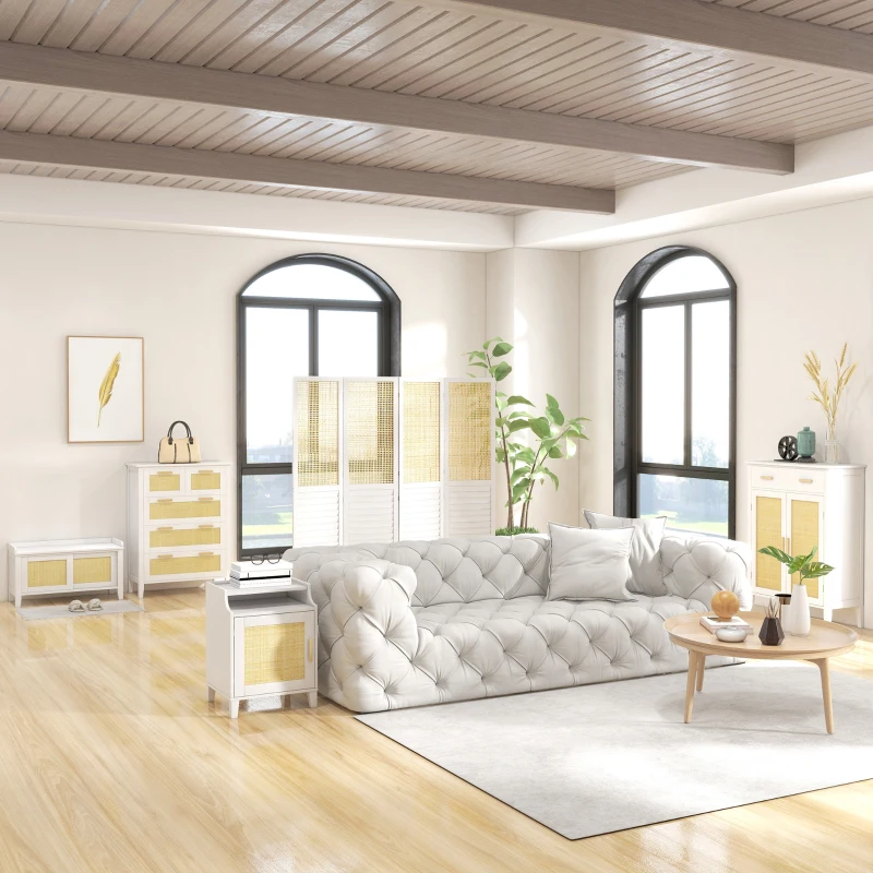 HOMCOM Entry Way Bench Shoe Storage Bench with Shoe Cabinets 2 Rattan Sliding Doors and Pine Wood Legs for Hallway White