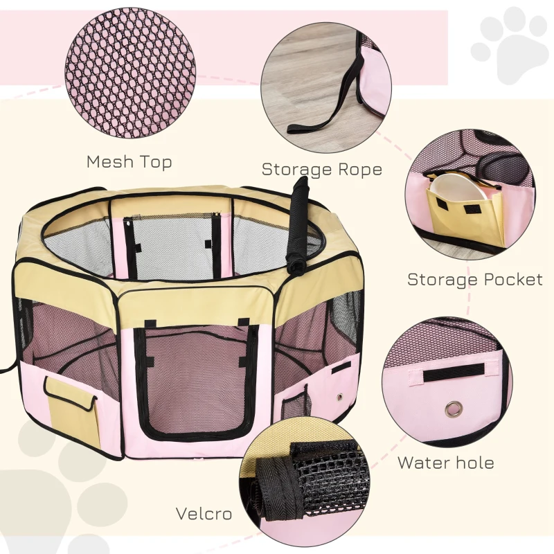 PawHut 49-inch Large Exercise Puppy Pet Playpen Portable Dog Cat Pet Play Pen Pet Cage Tent Kennel Crate Pink Carry Bag Included
