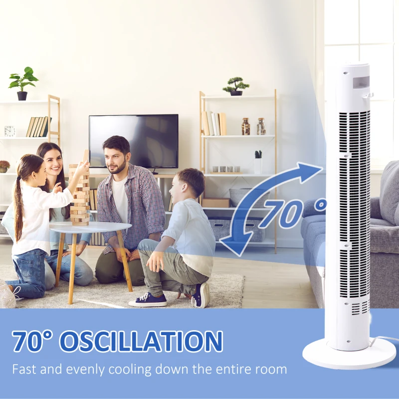 HOMCOM 38 Inch Tower Fan for Bedroom Cooling, 70°Oscillating Fan with 3 Speeds, 12H Timer, and Remote Control, Standing Floor Fan for Home Office, White