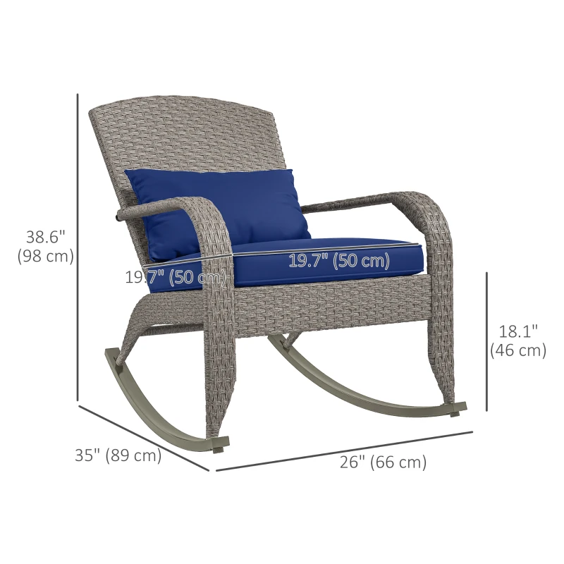Outsunny Adirondack Chair, Outdoor Wicker Rocking Chair with High Back, Seat Cushion and Pillow for Porch, Balcony, Dark Blue