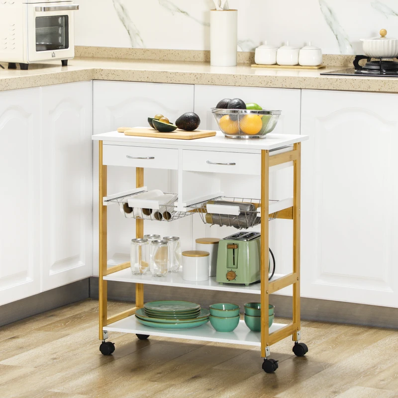 HOMCOM Kitchen Island with Storage, Bamboo Kitchen Cart on Wheels with 2 Drawers, 2 Metal Baskets, Open Shelves and Casters with Lock, Natural
