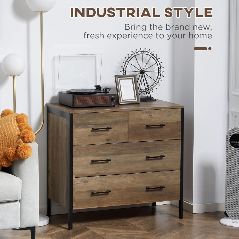 HOMCOM Dresser for Bedroom with 4 Drawers, Chest of Drawers with Metal Frame and Handles for Living Room, Hallway, Brown