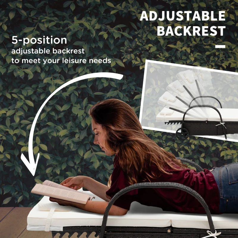 Outsunny Outdoor Chaise Lounge, 5-Level Adjustable Backrest Rattan Pool Lounge Chair with Wheels, Cushion & Headrest, Cream