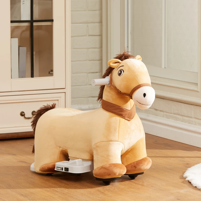 Qaba Battery Powered Electric Ride on Pony, 6V Ride on Horse w/ with Music Forward, PU Wheels, Aged 18-36 Months, Brown
