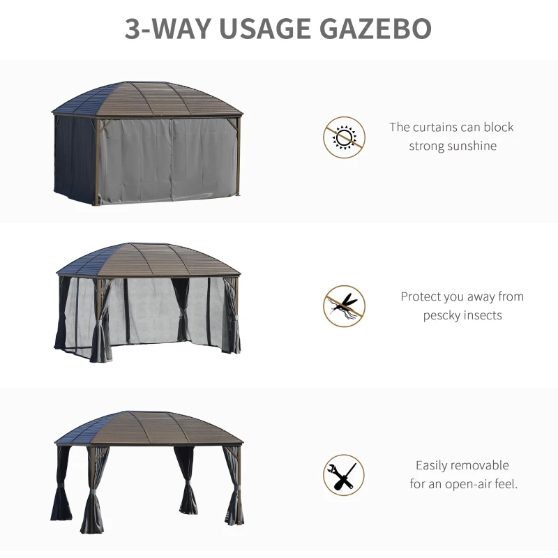 Outsunny 10' x 13' Hardtop Gazebo with Curtains, Netting, Pavilion with Steel Roof Ceiling Hook for Garden Patio, Gray