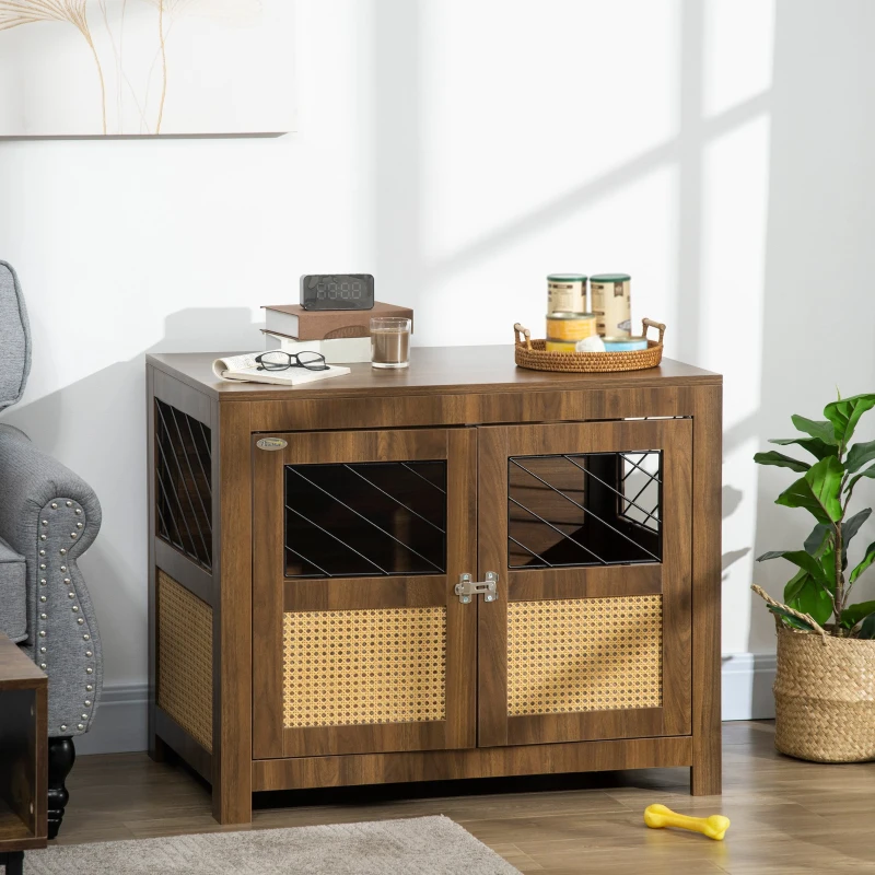 PawHut Dog Crate Furniture with Soft Cushion, Dog Crate End Table with Rattan Decoration, Small to Medium Sized Dog Kennel Furniture Indoors with Large Entrance, Walnut