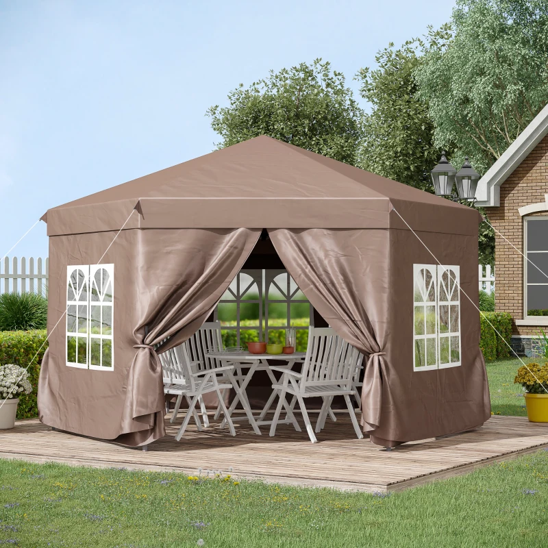 Outsunny 13 x 11.3ft Portable Pop-up Gazebo, Hexagon Adjustable Height Folding Canopy Tent with Carrying Bag for Outdoor Wedding Party, Brown