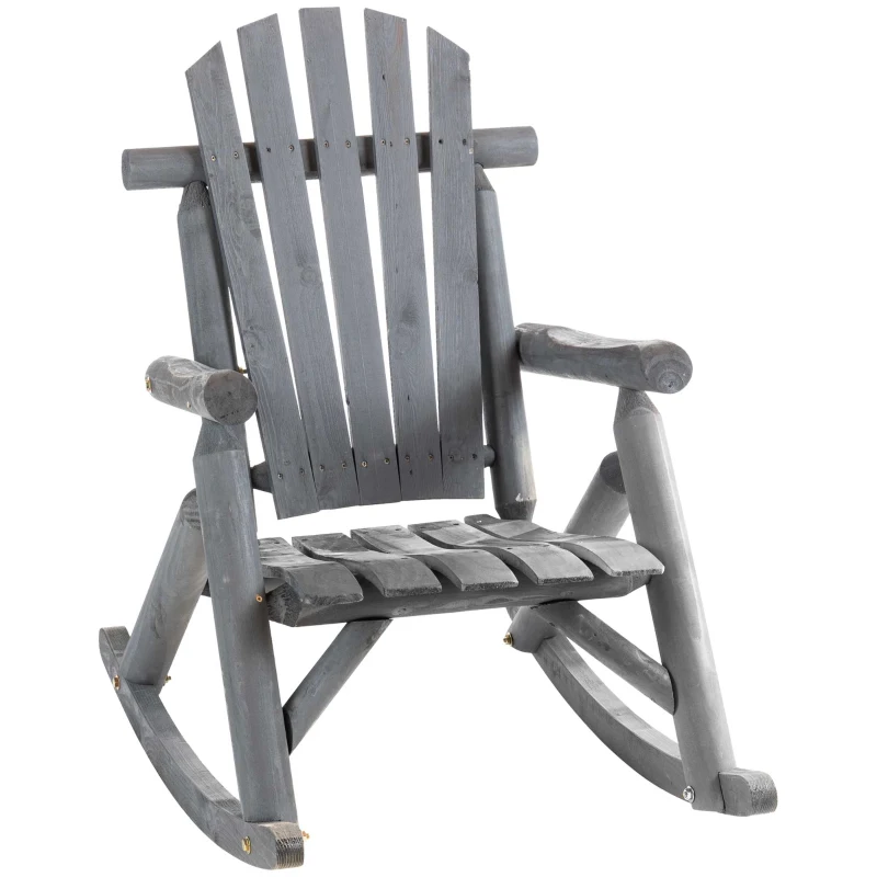 Outsunny Outdoor Wooden Rocking Chair, Single-Person Adirondack Rocking Patio Chair with Rustic High Back, Slatted Seat and Backrest for Indoor, Backyard, Garden, Dark Gray