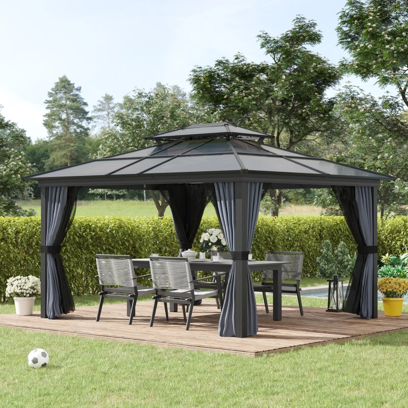 Outsunny 10' x 12' Hardtop Gazebo Canopy with Polycarbonate Roof, Aluminum Frame, Permanent Pavilion Outdoor Gazebo with Netting, for Patio, Garden, Backyard, Deck, Lawn, Black