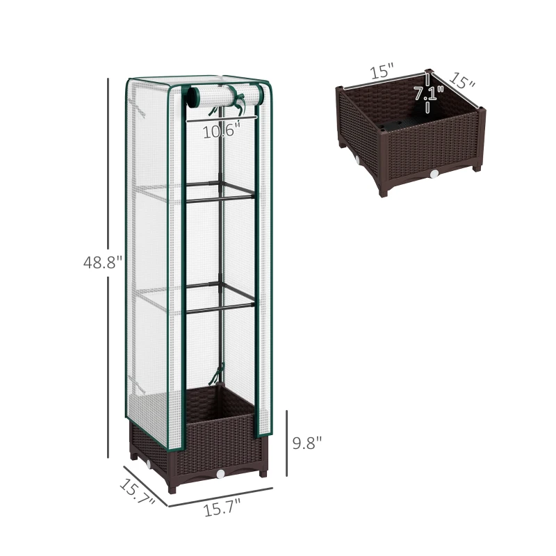 Outsunny Garden Bed with Trellis, Outdoor Plant Box with PE Cover, Drainage Holes and Zipper Door, 15.7" x 15.7" x 48.8", Brown