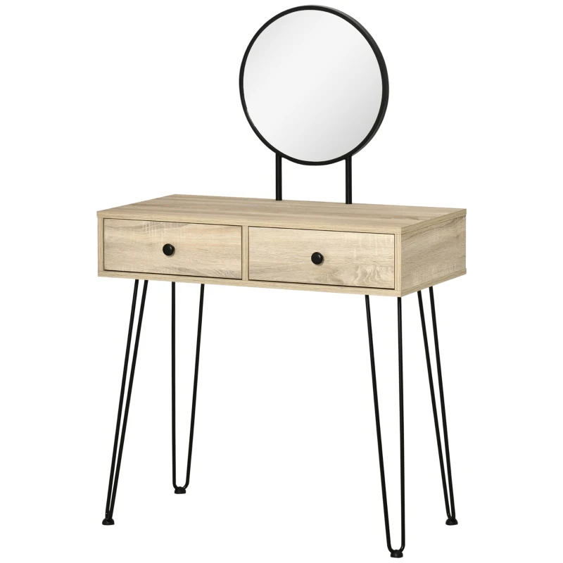 HOMCOM Vanity Table, Makeup Vanity Table with Round Mirror, 2 Drawers, Modern Dressing Table for Bedroom, Oak