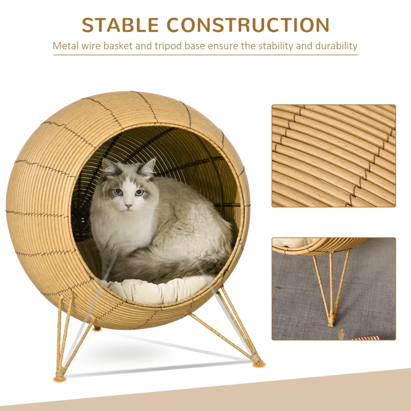 PawHut 20.5" Rattan Cat Bed, Wicker Elevated Round Condo for Comfort and Circulation with Cushion