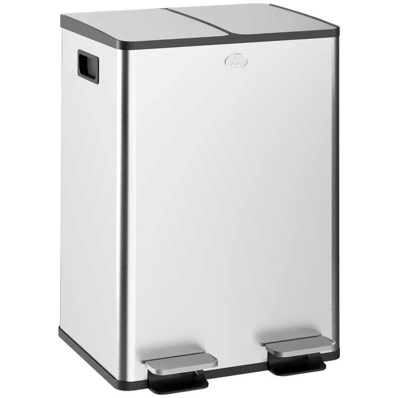 HOMCOM Dual Garbage Bin with Foot Pedal - 2 x 28 Litre Garbage Can with Removable Inner Buckets, Silver