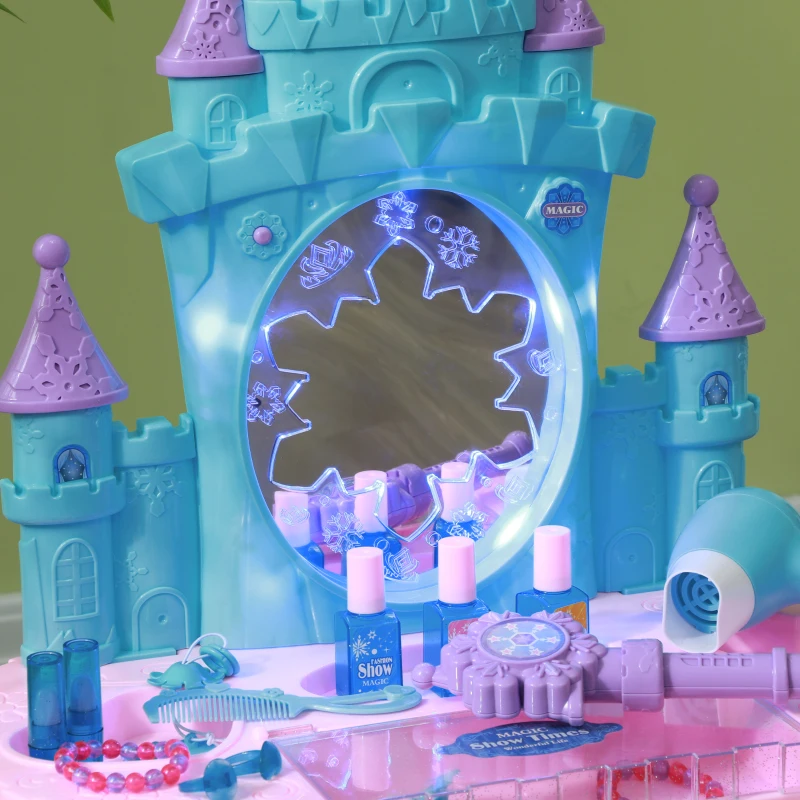 Qaba Kids Vanity Set with Mirror and Stool, Light, Music, Castle Design Makeup Table for Girls 3-6 Years, Multicolor