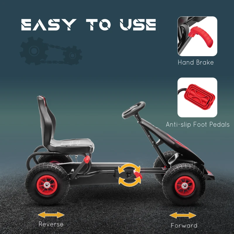 Aosom Kids Pedal Go Kart Ride-on Toy with Ergonomic Comfort, Pedal Car with Tough, Wear-Resistant Tread, Go Cart Kids Car for Boys & Girls with Suspension System, Safety Hand Brake, Ages 5-12, Red