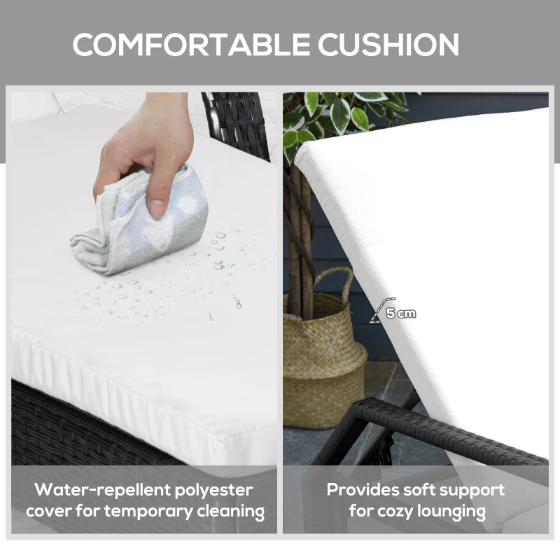 Outsunny Wicker Outdoor Chaise Lounge Chair Set of 3 with Side Table, 5-Level Adjustable Backrest PE Rattan Pool Lounge Chair with Wheels, Cushion & Headrest, Black and Cream White