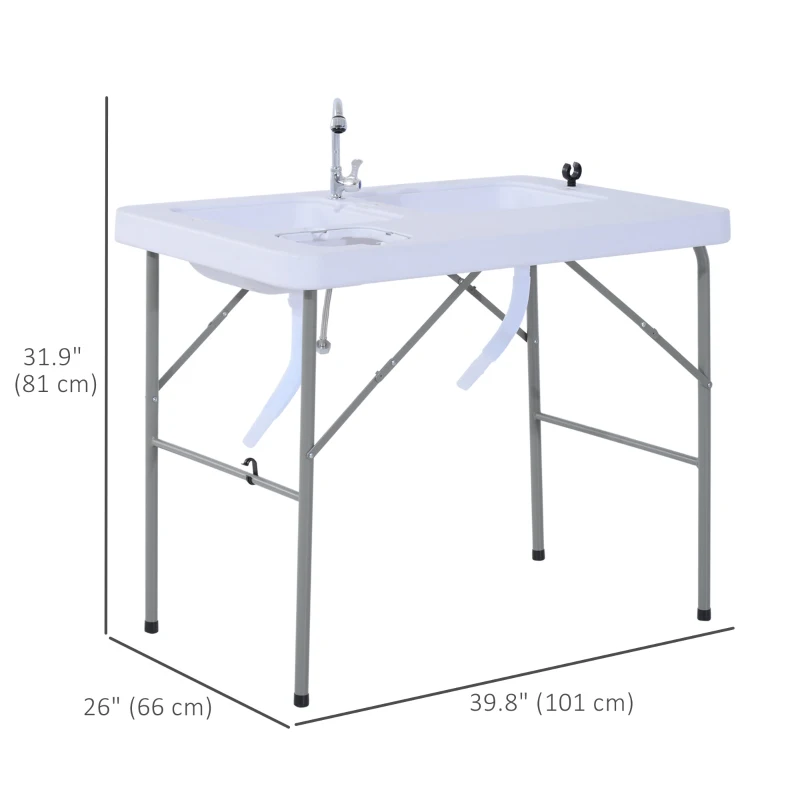 Outsunny 2-in-1 Folding Table with Faucet and Sinks Portable Outdoor Camping BBQ Fishing Table, White