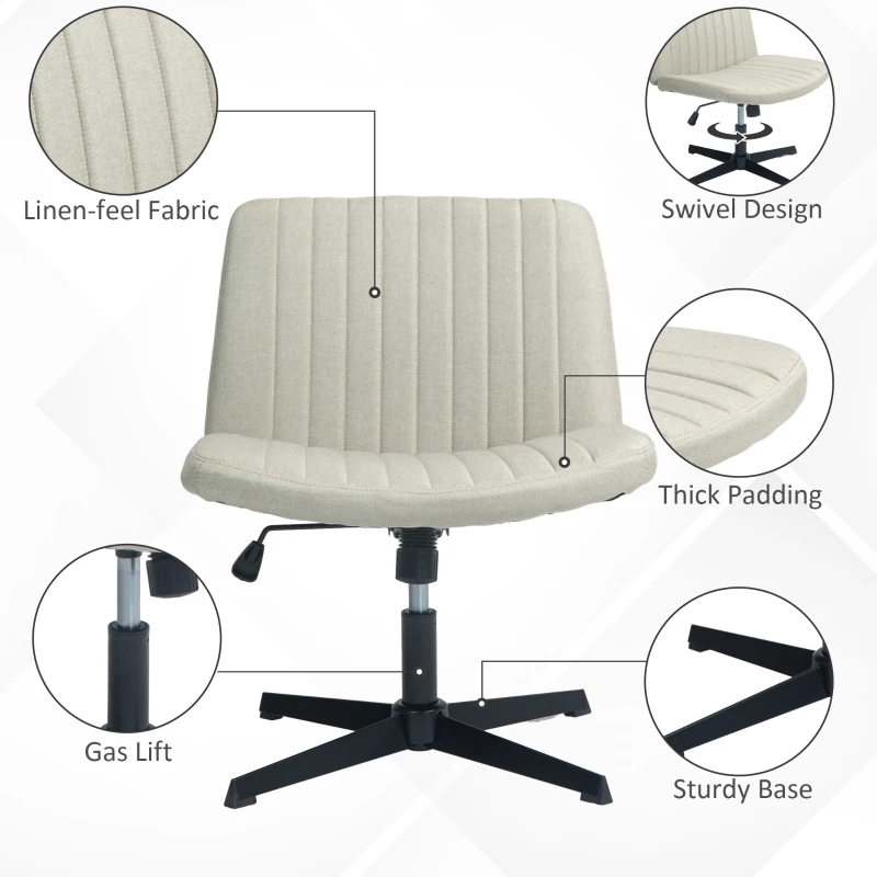 HOMCOM Criss Cross Chair, Wide Armless Office Chair, Fabric Computer Desk Chair with Adjustable Height, Beige