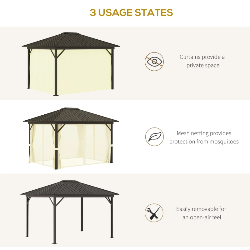 Outsunny 10' x 12' Outdoor Hardtop Gazebo Metal Roof Patio Gazebo with Aluminum Frame, Mesh Nettings, Beige