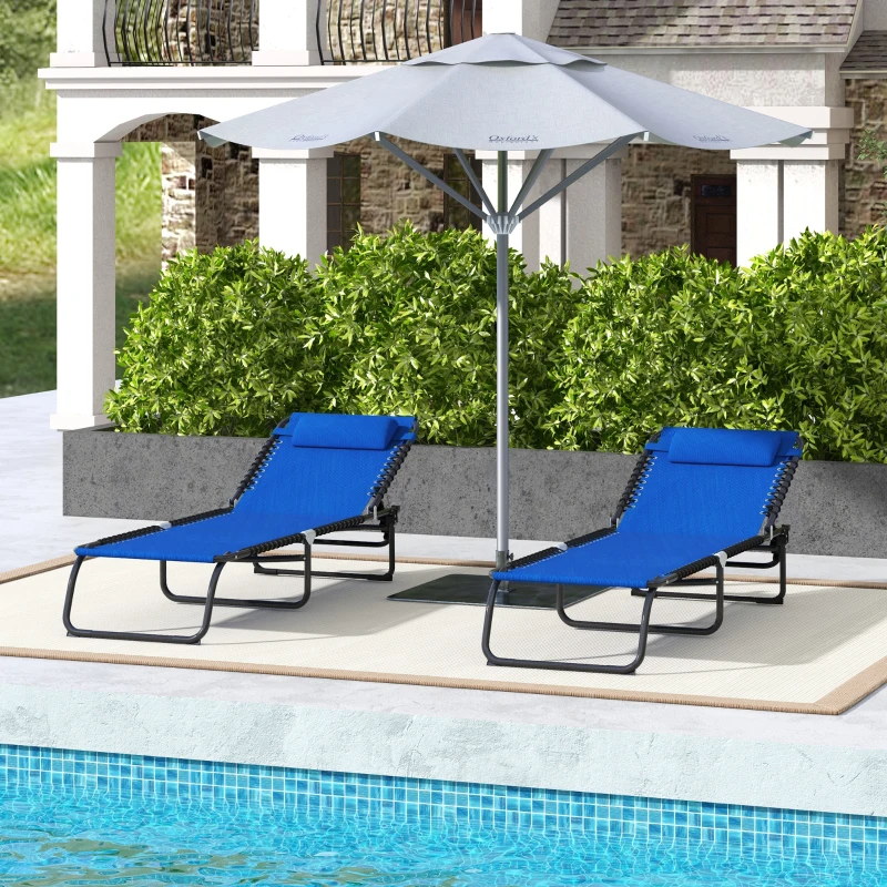 Outsunny 2 Folding Chaise Lounge Pool Chairs with 4-Position Reclining Back, Pillow, Breathable Mesh & Bungee Seat, Blue