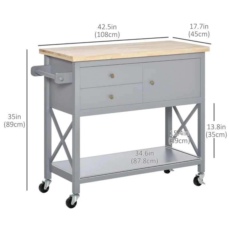 HOMCOM Utility Kitchen Cart Rolling Kitchen Island Storage Trolley with Rubberwood Top, 2 Drawers, Towel Rack, Gray