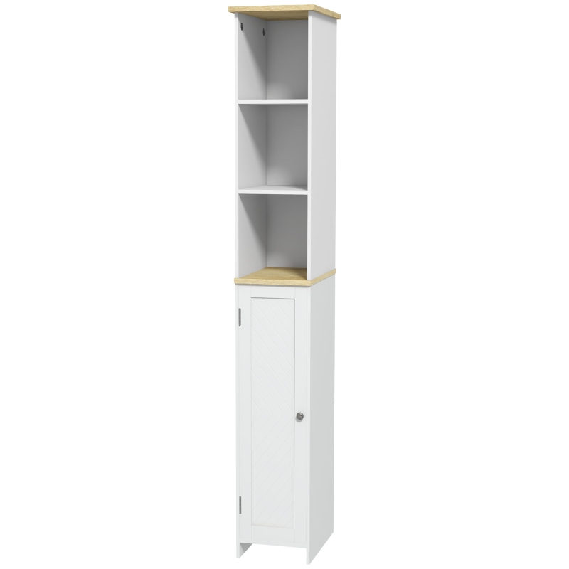 kleankin Narrow Bathroom Storage Cabinet, Freestanding Bathroom Cabinet with Open Shelves, Chevron Door and Adjustable Shelf, White