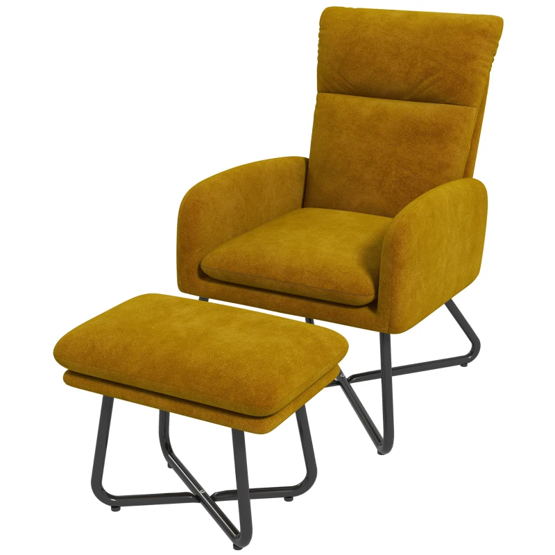 HOMCOM Modern Accent Chair with Ottoman, Upholstered Armchair with Footrest, Cross Metal Legs and Padded Cushion for Living Room, Bedroom, Yellow