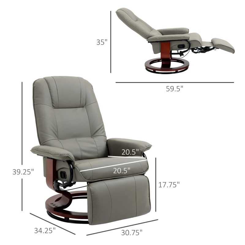 HOMCOM Faux Leather Manual Recliner, Adjustable Swivel Lounge Chair with Footrest, Armrest and Wrapped Wood Base for Living Room, Gray(m-3)