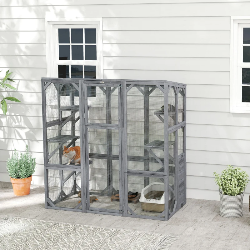 PawHut Large Wooden Catio Outdoor with 6 Jumping Platforms, Weatherproof Roof, for 1-3 Cats, 59" x 28" x 60", Gray