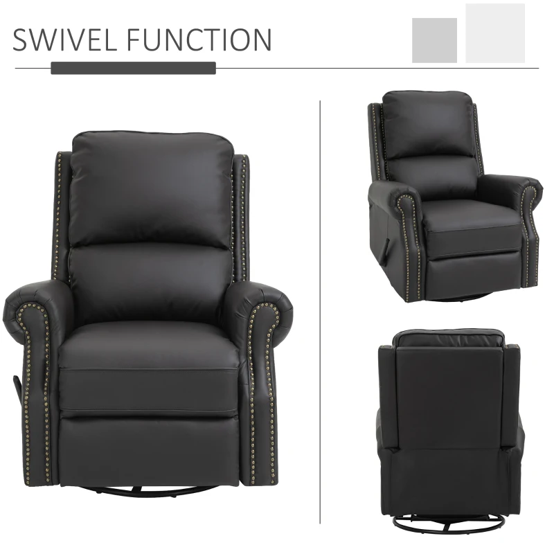 HOMCOM Manual Recliner Chair PU Leather Office Home Theater Single Sofa with Arm, Footrest, Nailhead Trim Padded Seat, 360° Swivel and Rocking Function for Living Room Bedroom Brown