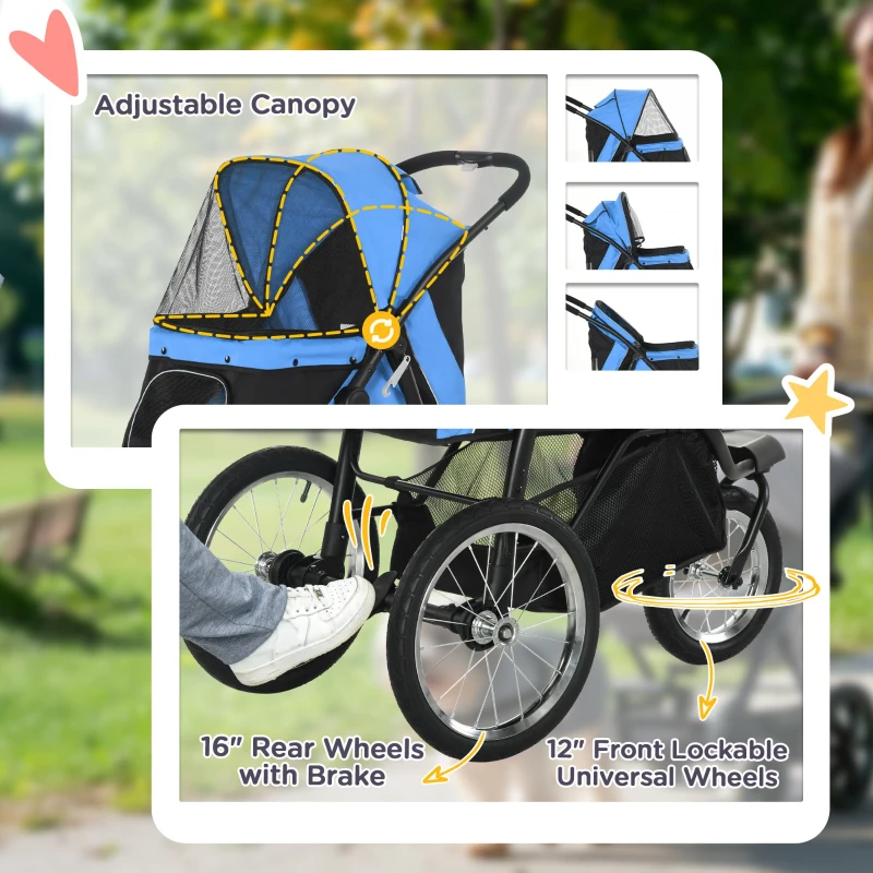 PawHut 3 Big Wheels Pet Stroller for Small, Medium Dogs, Cat Stroller Travel Folding Carrier with Adjustable Canopy, Blue