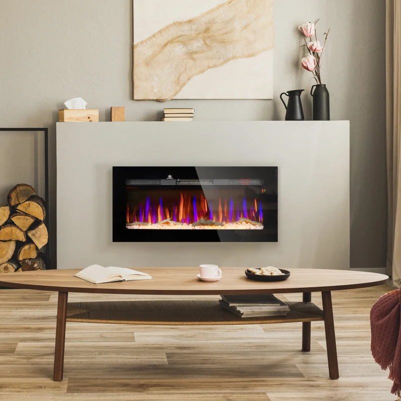 HOMCOM 40" Recessed or Wall Mounted Electric Fireplace Heater with Remote Control, Adjustable Flame Color and Brightness