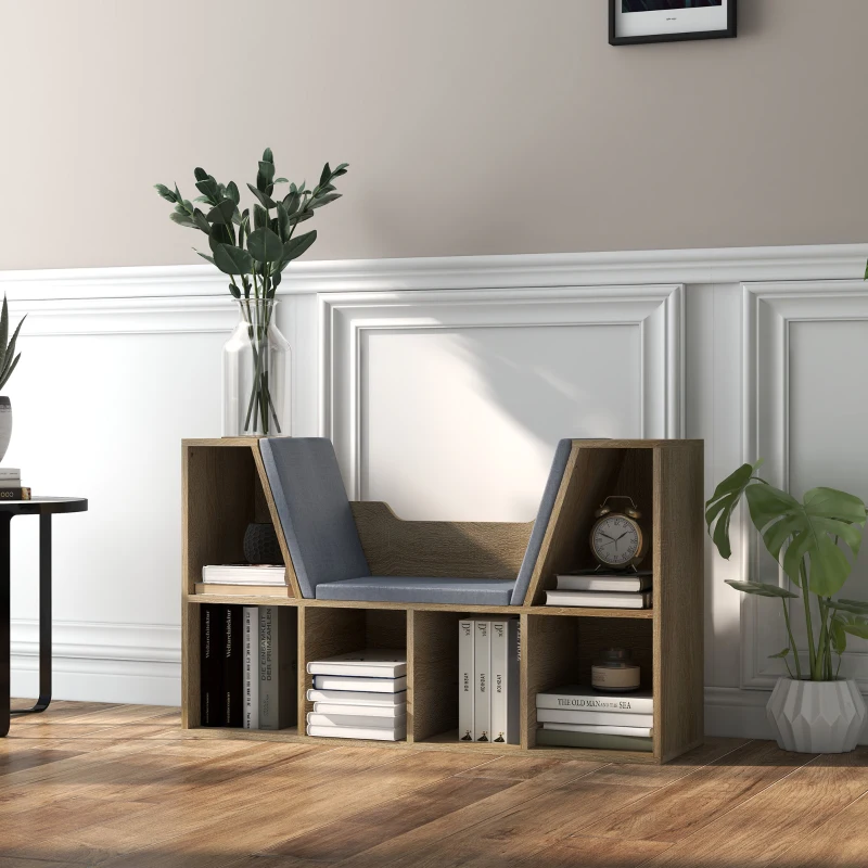 HOMCOM 6-Cubby Bookcase with Seat Cushion, Cube Storage Shelf with Reading Nook for Home Office, Study, Oak